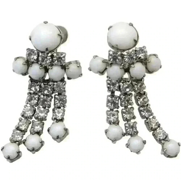 Vintage Earrings White Milk Glass & Clear Rhinestone Dangle Long Moonstone - Picture 1 of 11